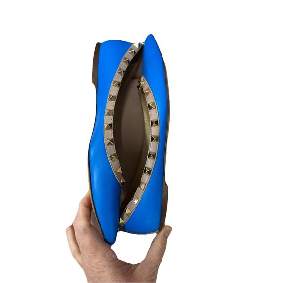 VALENTINO Shoes Ballet Flats Size 37 Blue ROCKSTUD Studded Pointed Toe Luxury - Picture 12 of 16